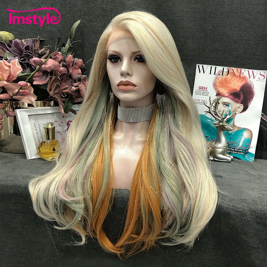 Imstyle Synthetic Lace Front Wig Tinsel Wig Multicolor Blonde Orange Heat Resistant Fiber Glitter Hair Party Long Wigs for Women
