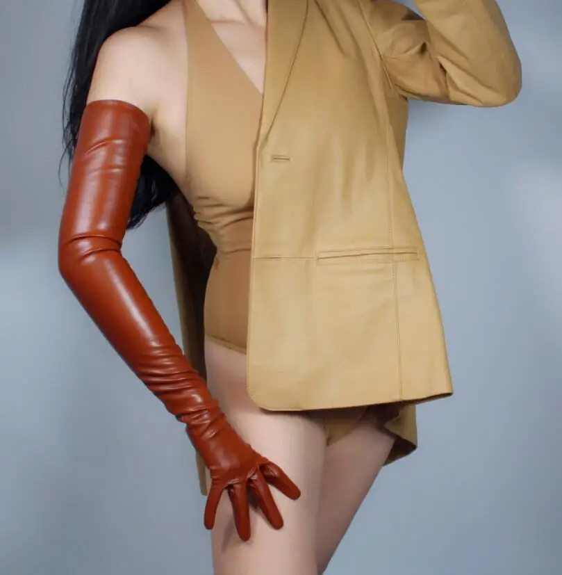 Women's fashion sexy slim faux pu leather glove lady's club performance formal party leather long brown glove 40cm R2046