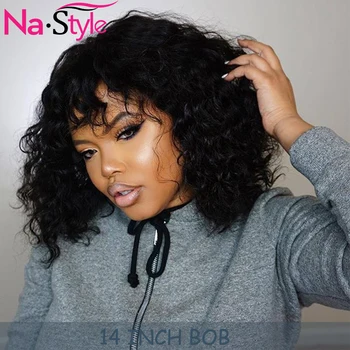 

Afro Curly Wig With Bangs Human Hair Natural Black 13x6 Culry Bob Lace Front Wigs For Black Women Glueless Lace Wigs Pre Plucked