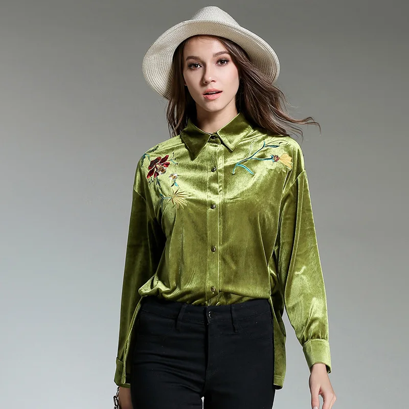 Новинка, Элегантная блузка с вышивкой, отложной воротник, рубашка, Blusas Feminino, женские блузки, женские топы, модные, плотный бархат