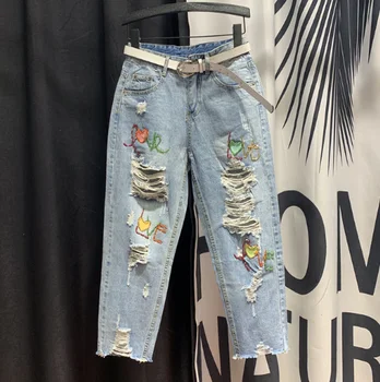 

European Style Loose Jeans Woman Ripped Jeans 2020 Spring Summer New Personality Pattern Harem Pants Boyfriend Jeans for Women