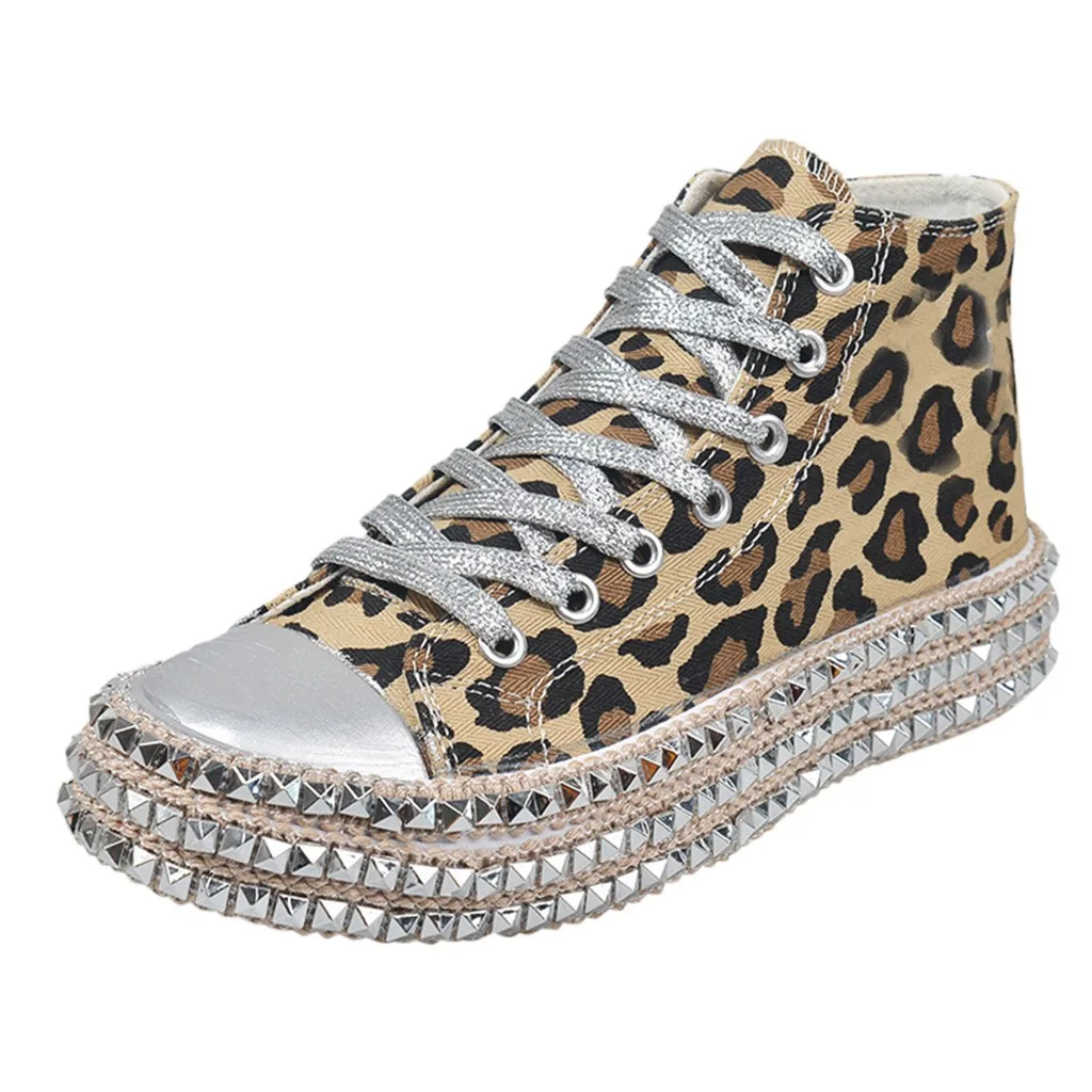 Модные классические леопардовые туфли со стразами; танцевальные парусиновые туфли на шнуровке; обувь на толстой подошве; buty damskie; Размеры 35-43 - Цвет: High-Top Brown