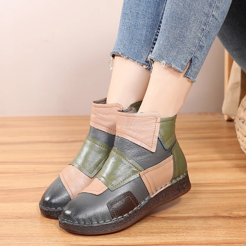 National Handmade Comfortable Genuine Leather Boots Woman Vintage Large Size Mother Shoes Female Middle-aged Warm Leather Boots
