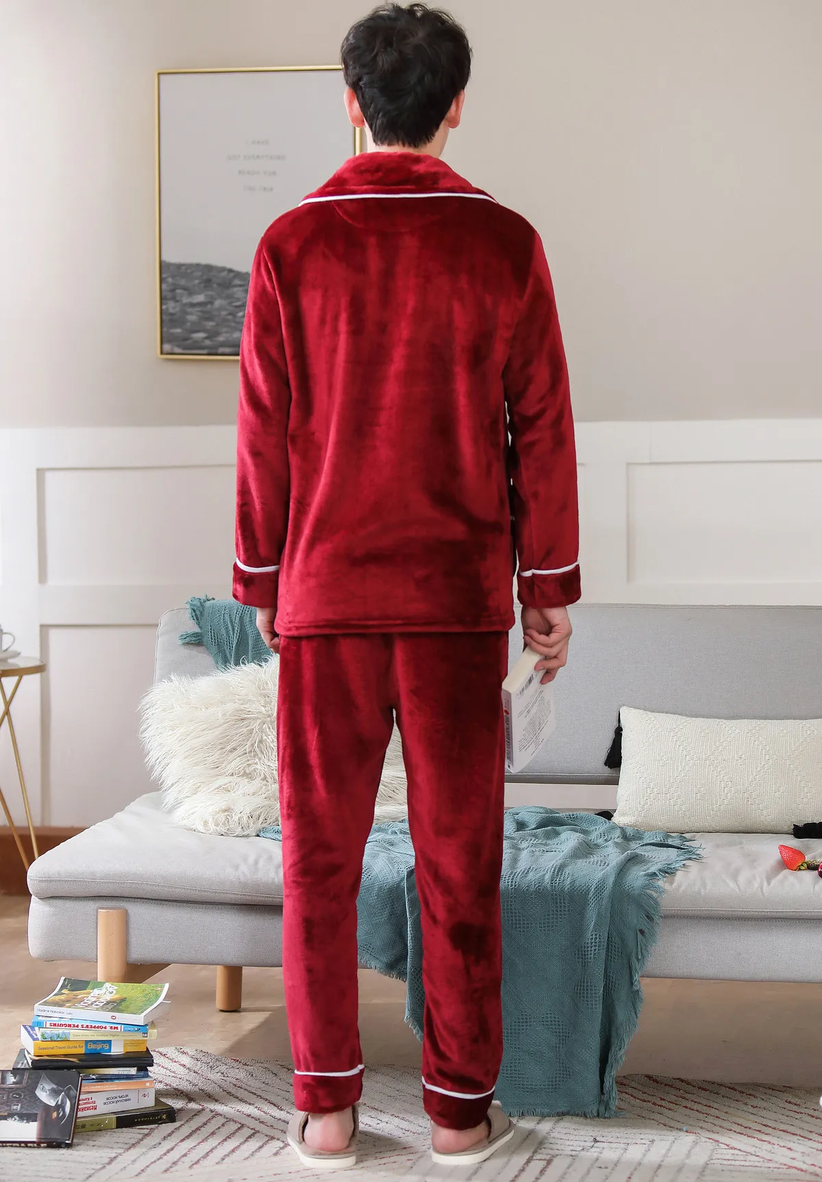 Winter Wine Red Pajamas Male Flannel Sleepwear Soft Warm Pyjamas Set Nightgown Men's Pajamas Sets Long Sleeve Men Lounge Pijamas silk sleepwear