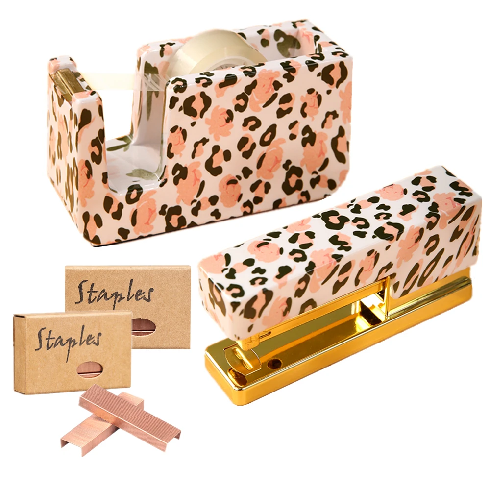 Leopard Tape Dispenser and Stapler with 2 Pack Rose Gold Staples Set