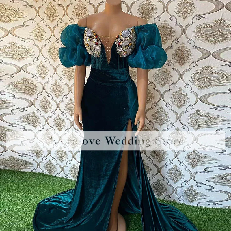 light blue prom dresses Robes De Mariée Off Shoulder Mermaid Prom Dress 2022 Velvet Crystal Formal Aso Ebi Party Gowns Evening Wear long prom dresses Prom Dresses