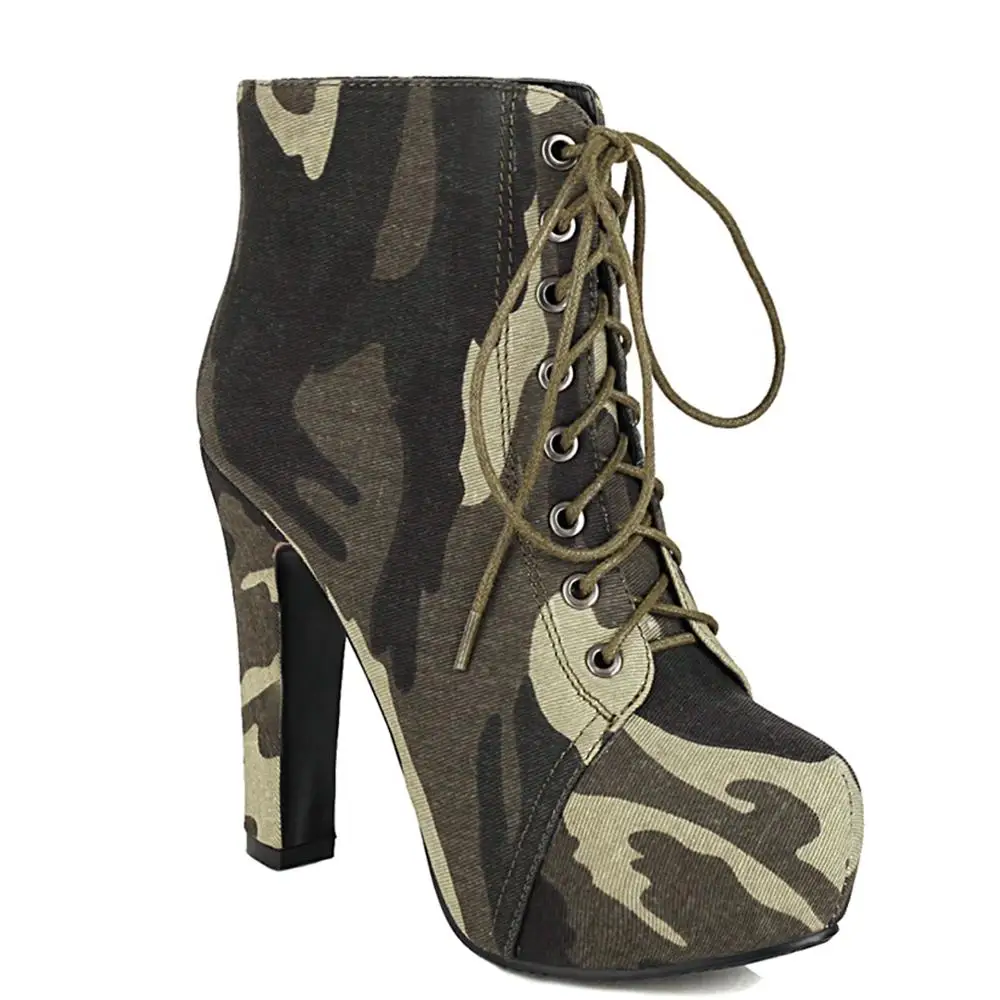 

2020 Waterproof Platform High-Heeled All-Match Fashion Short Boot Camouflage Green Lace Comfortable Velvet Thick Heel Ankle Boot