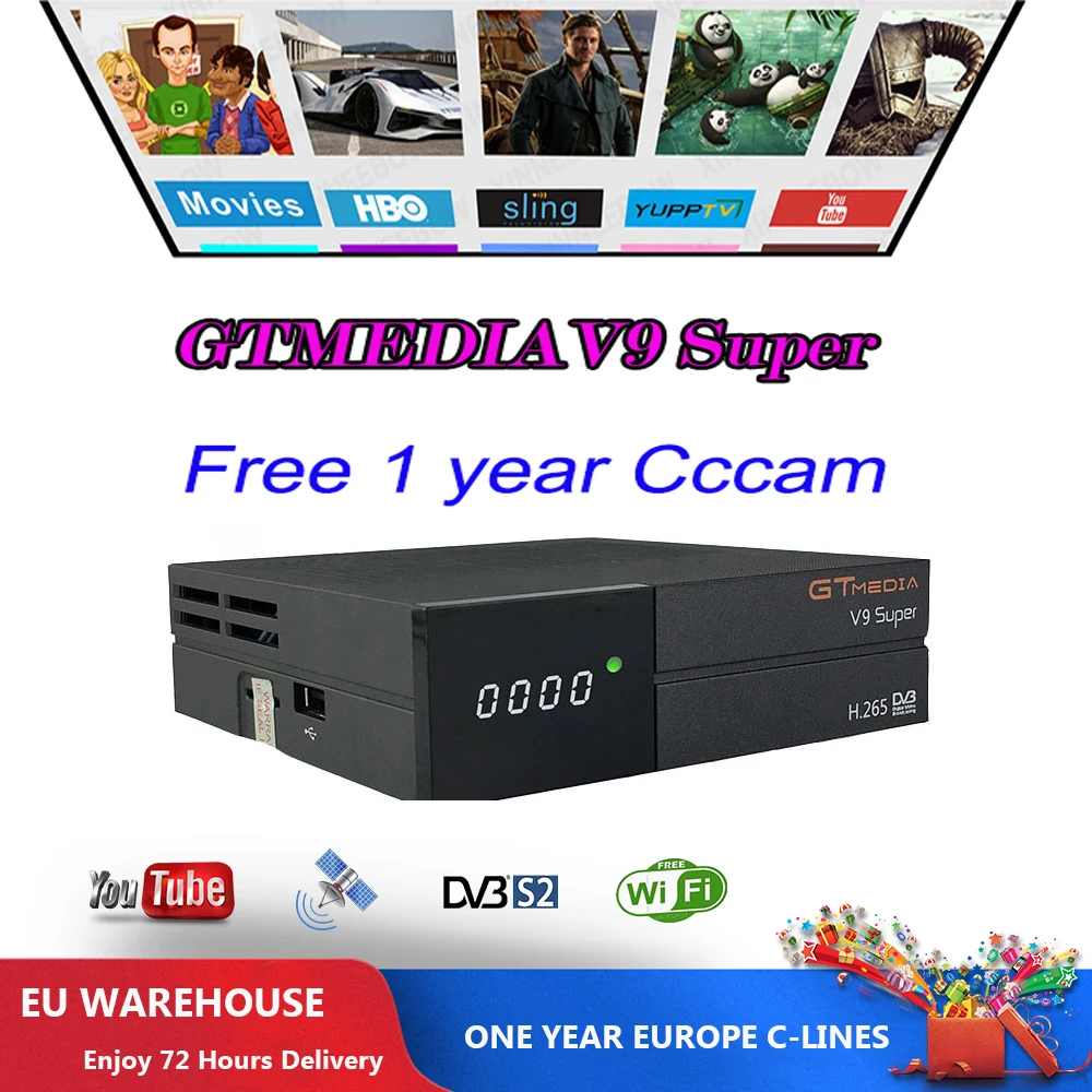 

GTmedia V9 Super DVB S2 Satellite TV Receiver Receptor Decoder + 1 Year 7 lines European Cccam lines Freesat V7 Gtmedia v8 nova