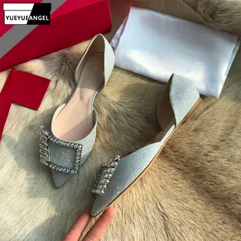 

Diamonds Metal Buckle Sandals Ladies Flat Shoes 2020 Summer Rhinestones Women Shoes Pointed Toe 100% Real Leather Party Sandals