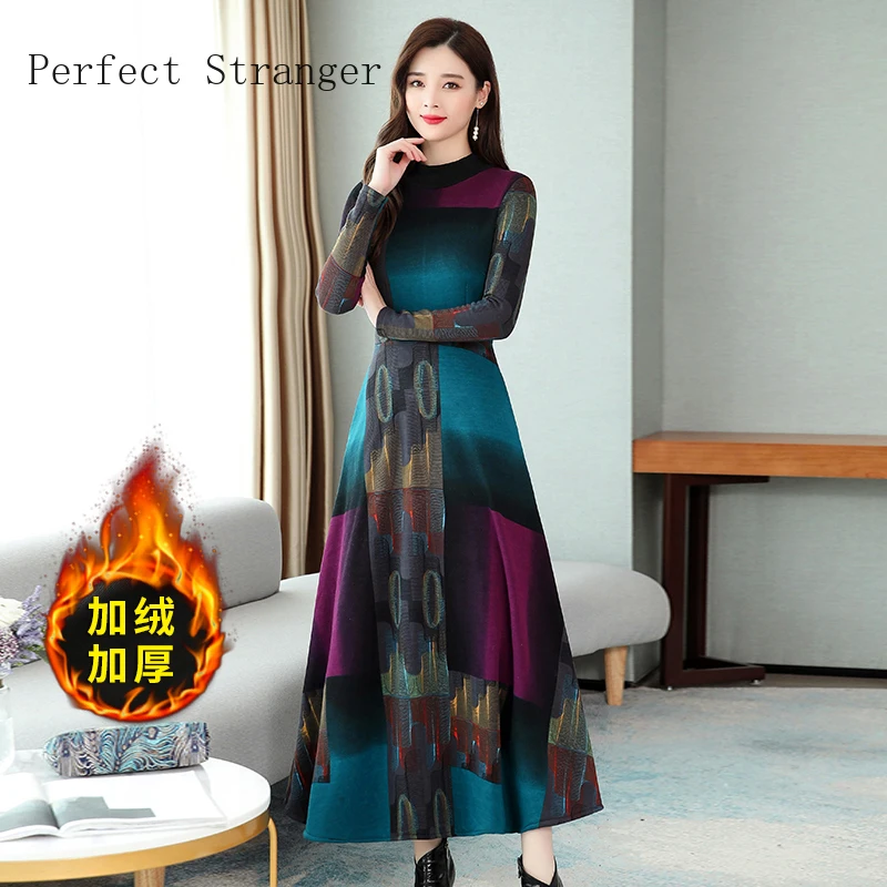 2020 Autumn Winter New Arrival High Quality Plus Size M-3XL Stand Collar Thicken Brushed Color Block Women Long Dress