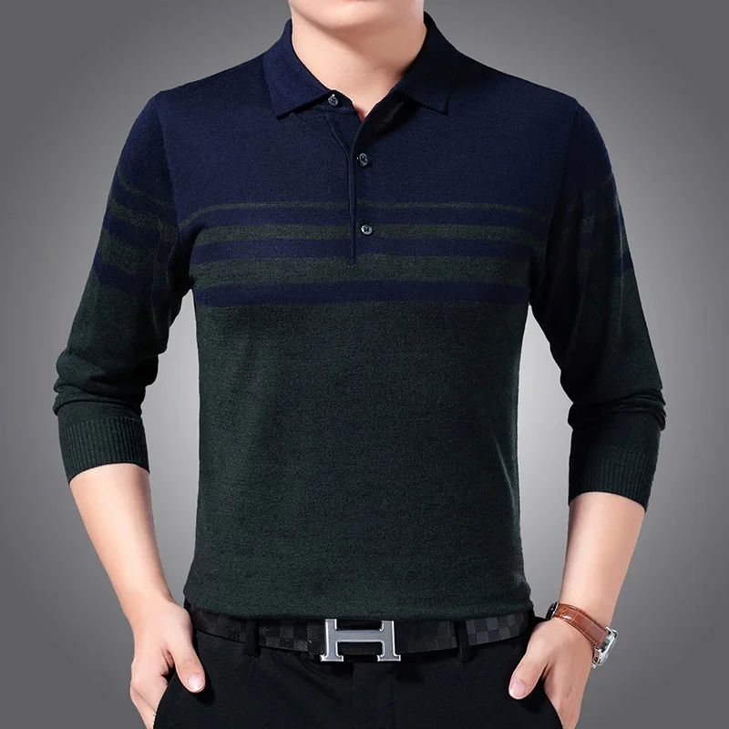 Модные брендовые мужские свитера, пуловеры в полоску, облегающие вязаные джемперы с отложным воротником, зимняя повседневная одежда в Корейском стиле для мужчин - Цвет: Зеленый