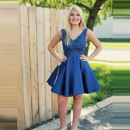 Темно-синие короткие платья для выпускного вечера размера плюс с v-образным вырезом, вечерние юбки для школьных танцев на заказ