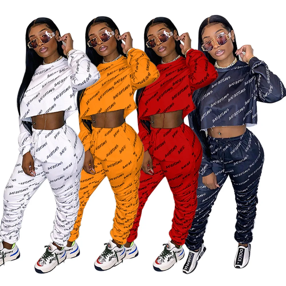 

Echoine Letter Print Crop Top O-neck Pants Tracksuit Two Piece Set Jogger Active Sweatshirt Set Street Sporty Club Outfits