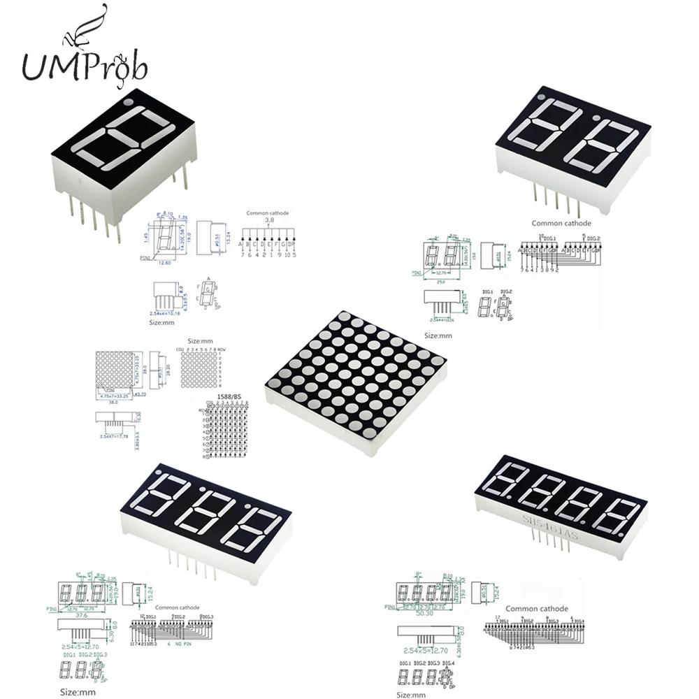 0,56 дюймов 7 сегментов 1 бит/2 бит/3 Бит/4 бит цифровой трубки Красный общий катод светодио дный светодиодный цифровой дисплей 8x8 светодио дный