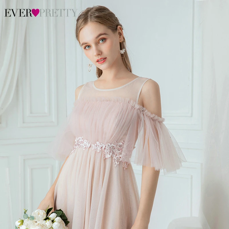 Розовые короткие платья подружки невесты Ever Pretty ТРАПЕЦИЕВИДНОЕ ПЛАТЬЕ с круглым вырезом и оборками на рукавах длиной до колена с аппликацией Простые Свадебные платья
