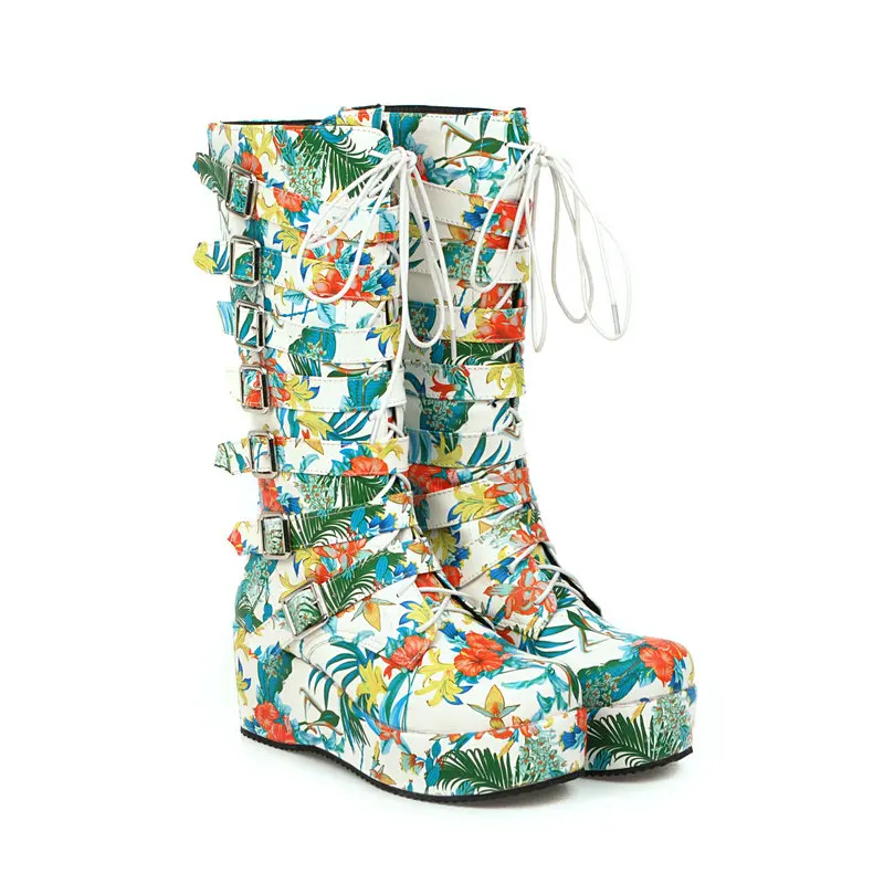 

B2-11 Size 33-46 Female Mixed Colors Flowers Mid Calf Boots Girls Fashion Zips Boot Woman Wedges Shoes Women Winter Autumn Shoe