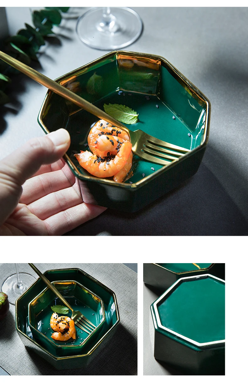 Скандинавский драгоценный камень зеленая позолоченная керамическая посуда бытовая рисовая чаша салатник западное блюдо для стейков креативные многостандартные блюда
