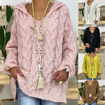 

Women's Solid Color Sweater Women Autumn Solid Color Loose Hooded Knitted Sweater Pullover Sweatshirt Top Ladies solid color