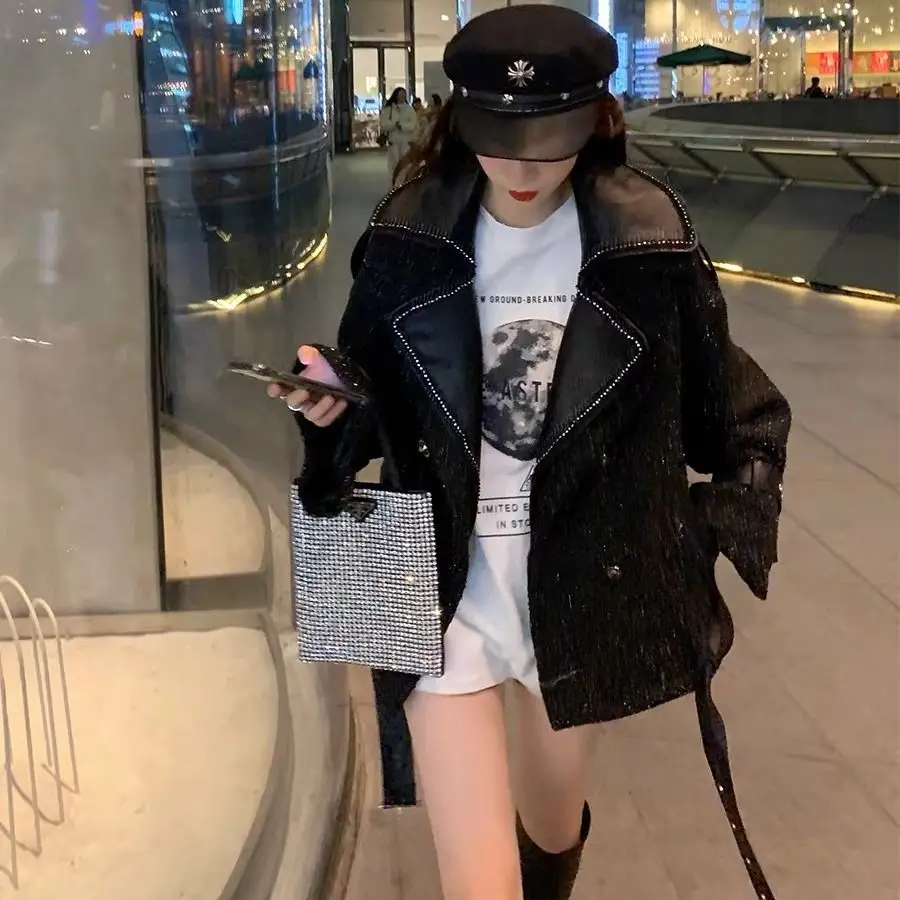 

Black pu leather stitching woolen jacket female 2020 autumn and winter new Korean loose small wild fragrance suit jacket