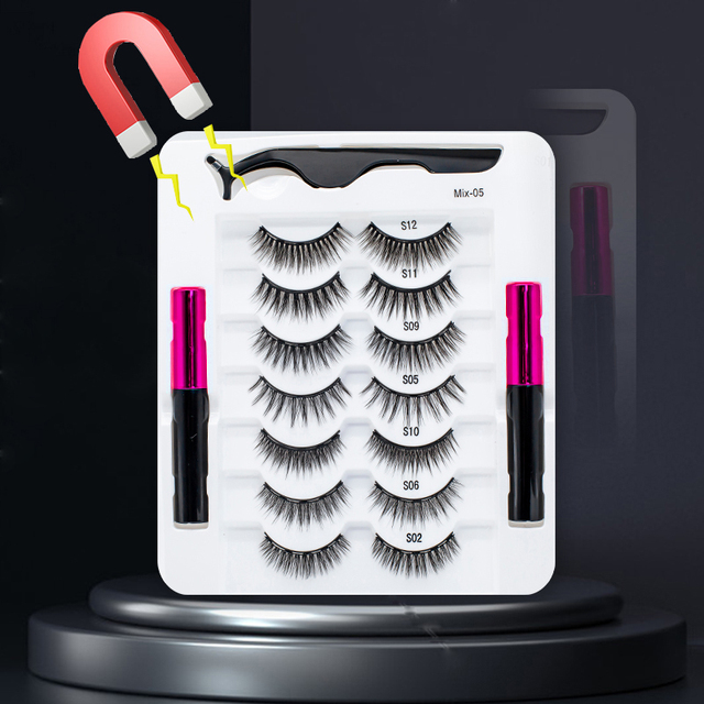 3/5/7Pairs Magnetic Eyelashes False Lashes Repeated Use Eyelashes Waterproof Liquid Eyeliner With Tweezer Makeup Set