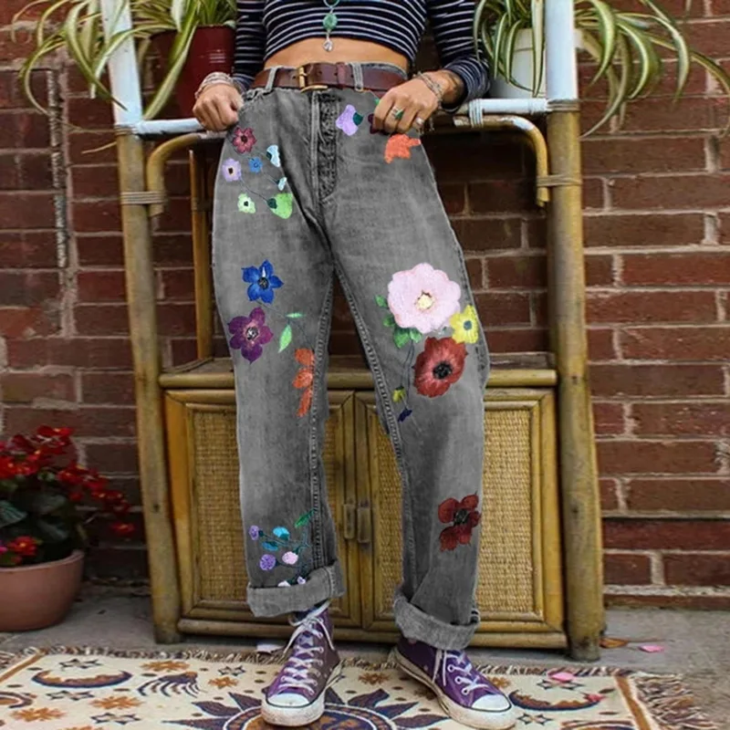 

MoneRffi Slim Jean Full Length Pant Women Jeans Women Flower Embroidered Fashion Elastic Pencil Denim Casual Jeans Pant Button