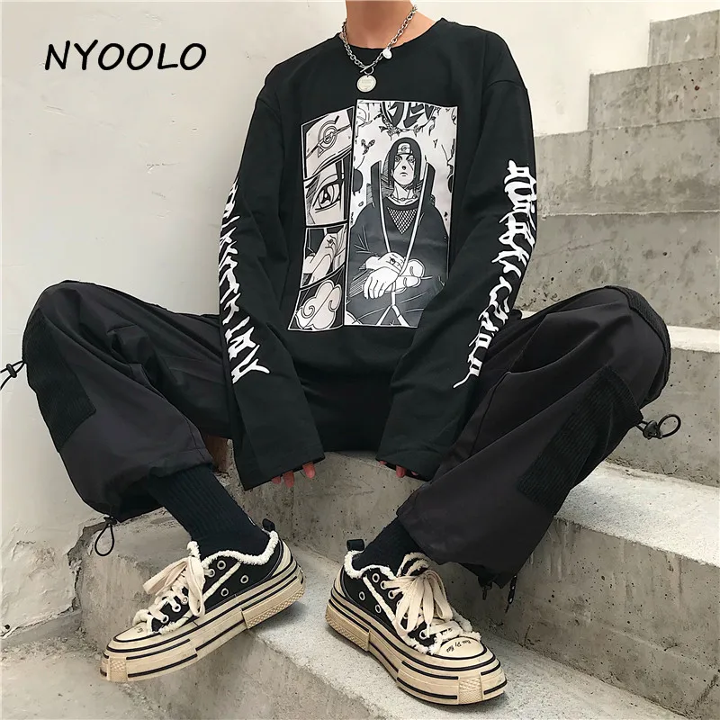 NYOOLO Осенняя винтажная Аниме Наруто с буквенным принтом Футболка Harajuku уличная свободная футболка с круглым вырезом для мужчин и женщин одежда Топ