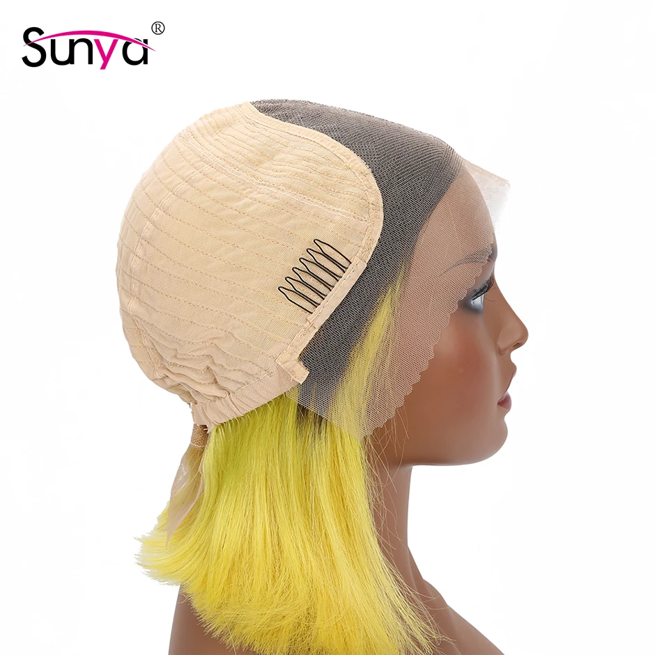 Sunya парики из натуральных волос на кружевной 1B/желтые короткие боб парик с эффектом деграде(переход от темного к малазийские прямые Синтетические волосы на кружеве человеческих волос парики для чернокожих Для женщин 13X6 короткий парик
