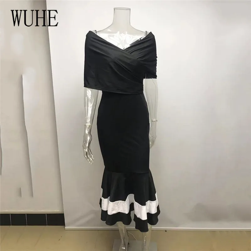 Черный WUHE, новинка, топ-труба, складки, Rufflefishtail, женское сексуальное платье, сексуальное, с открытыми плечами, v-образный вырез, облегающее, Бандажное, Русалка, карнавальное платье - Цвет: Черный