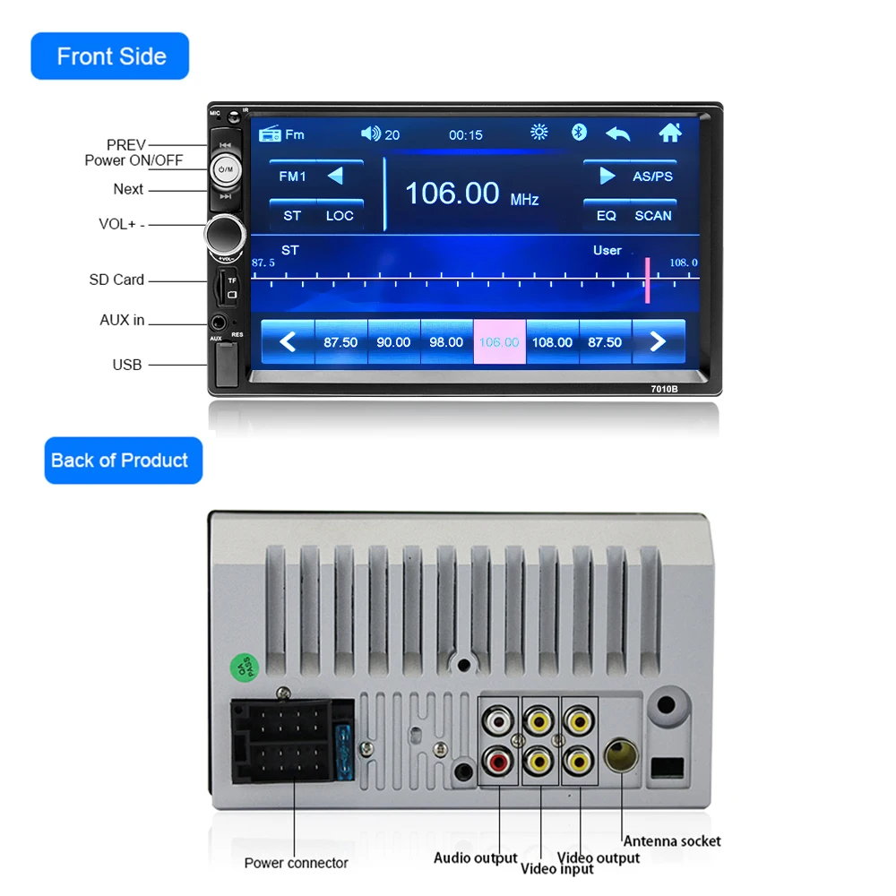 Hikity 2 Din Car Radio Tape Recorder 7 INCH Multimedia MP5 Player 12V Bluetooth Autoaudio FM Stereo Receiver ISO Power Aux Input