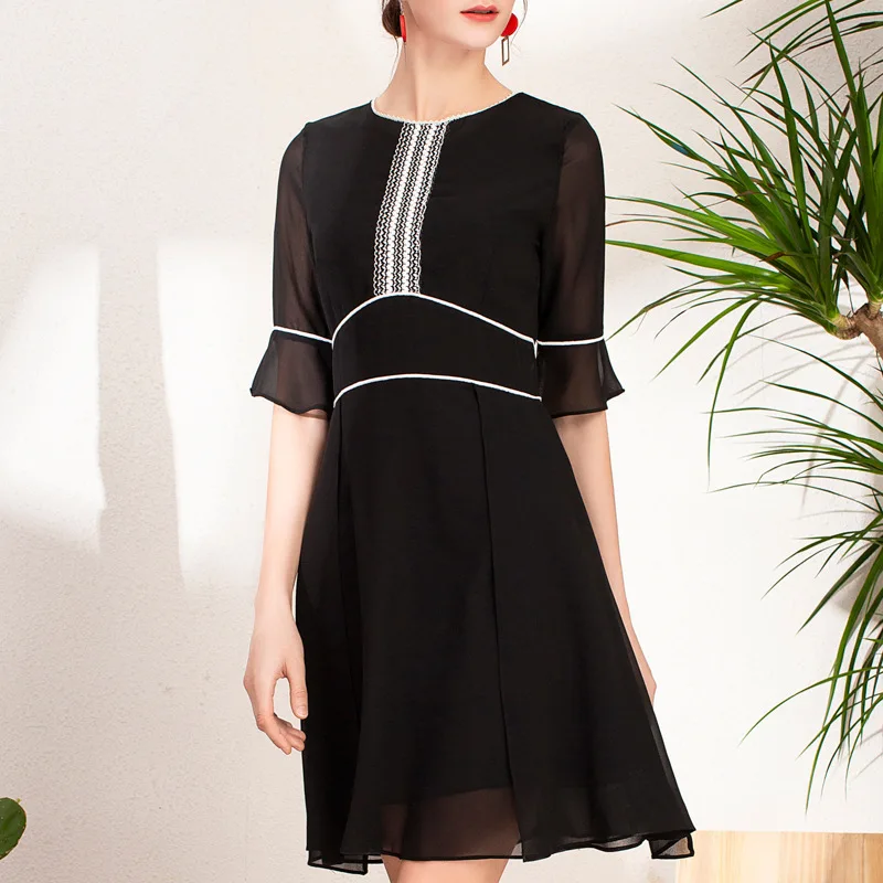 

Spring Clothing Black And White with Pattern Bell Sleeve Chiffon Dress Women's Spring And Autumn Mid-length 2019 New Style Popul