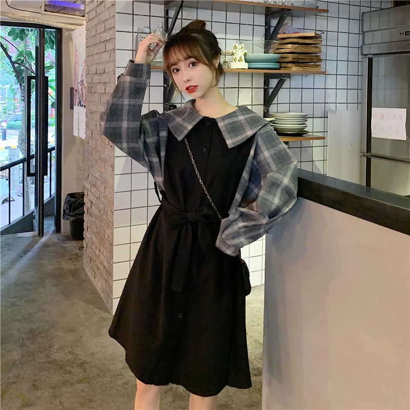 

2020 Spring Korean Plaid patchwork Fake two-Piece Dress L-4XL Empire Women Long Sleeve Mini Dress Bodycon Party Vestidos