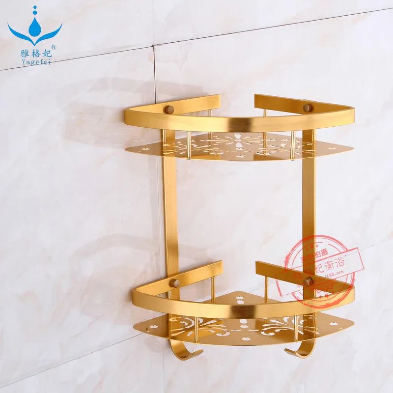 

Alumimum Double Layer Large Rims Thick Triangle Bathroom Rack Double Layer Parvenu Gold Bathroom Storage Shelf