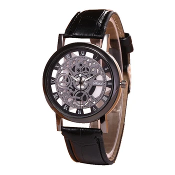 

Fashion Business Skeleton Watch Men Engraving Hollow Quartz Wristwatch Leather Band Women Clock Black