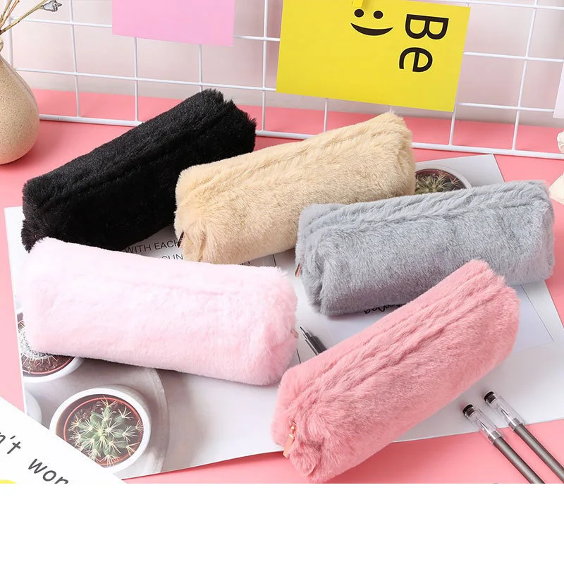 

Cute Solid Color Plush Pencil Case For Girls Pencil Bag Stationery Pencilcase Kawaii School Supplies
