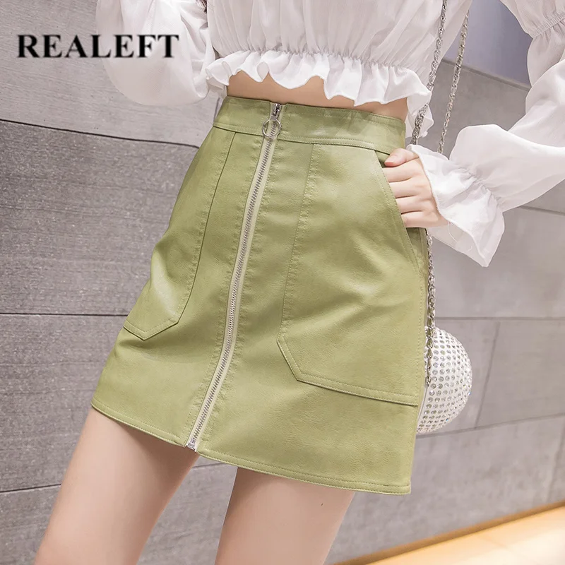 

REALEFT Autumn Winter Zipper OL Elegant Mini Short A-Line Skirts High Waist Green PU Leather Sheath Wrap Skirts with Pocket 2019