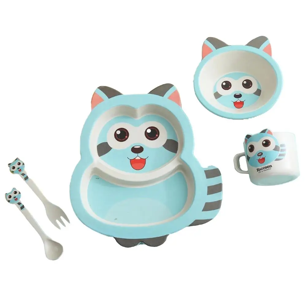 

Baby Tableware Children's Platos Feeding Cup Bowl Plate Creative Cartoon Grid Plate Baby Rice Bowl Five-piece Tableware