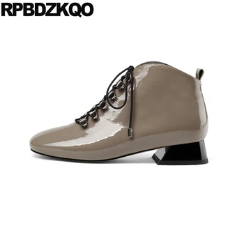 

crossdresser front lace up casual ankle boots autumn women 10 chunky square toe big size shoes metal plus patent leather booties