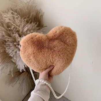 

HOCODO Heart-Shaped Crossbody Bags For Women 2019 Solid Color Faux Fur Shoulder Messenger Bag Small Pearl Chain Ladies Handbags