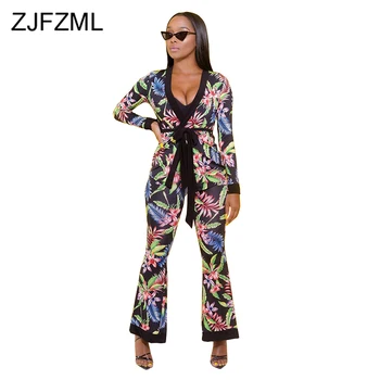 

Flower Print Sexy 2 Piece Set Winter Clothes for Women Full Sleeve Belted Long Cardigan + High Waist Wide Leg Pants Sweat Suits