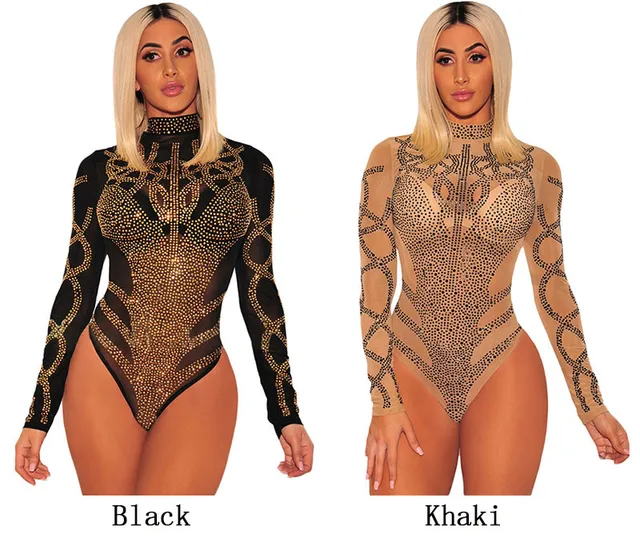 Fleepmart Sexy Gold Diamond Sheer Mesh Bodysuit Women Long Sleeve