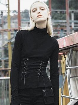 

PUNKRAVE Women Gothic Carefully Machine Top High Collar Tight Bottoming Shirt Niche Design Waist Tie Rope Long Sleeve T-shirt