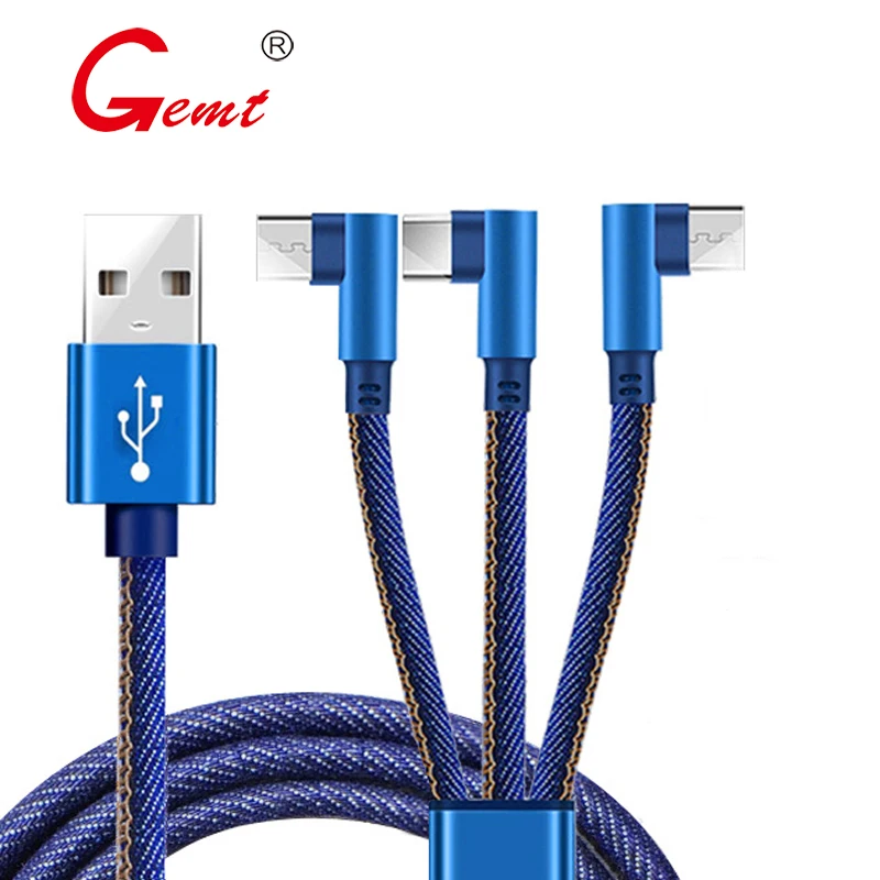 GEMT применимый iOS Android type-c 3 в 1 джинсовый 90 градусов usb кабель для передачи данных one drag three 1,2 м джинсовый синий usb кабель для зарядки