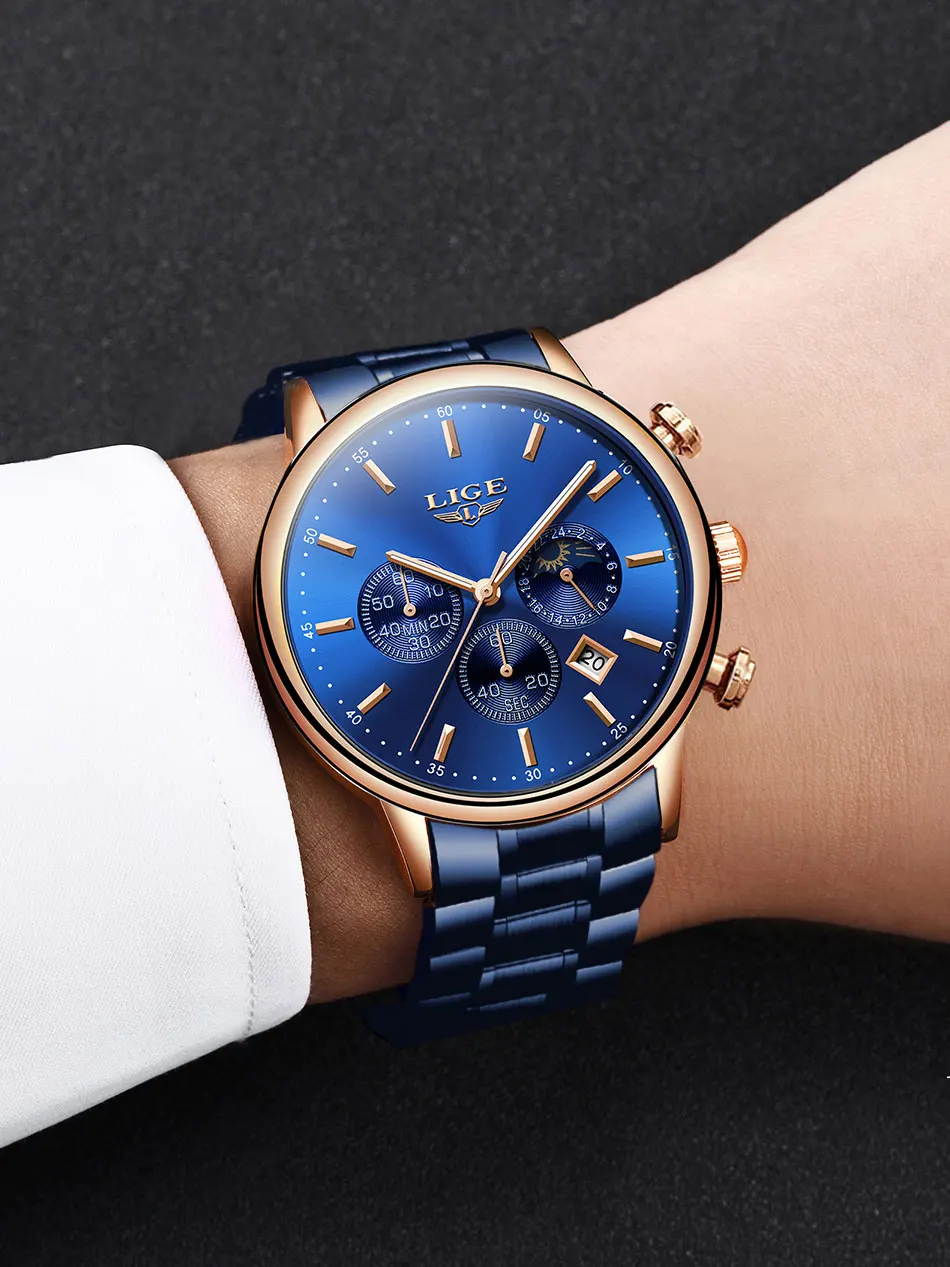 LIGE Moon Phase дизайн синие модные деловые мужские часы, наручные часы Топ бренд класса люкс все стальные Кварцевые Золотые часы Relogio Masculino