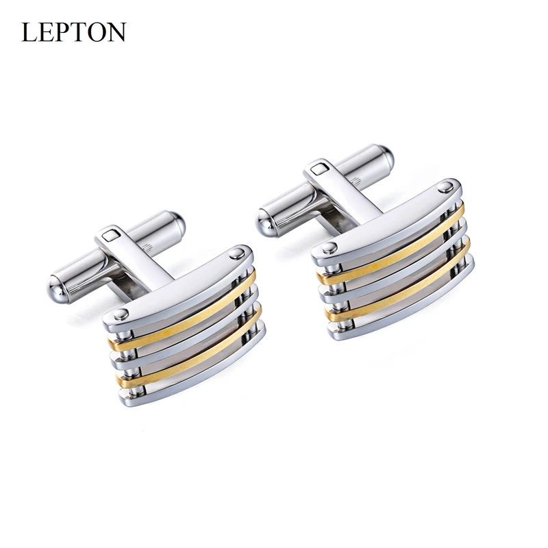 Lepton Silver & 18K Gold Color Cuff Links Stainless Steel Cufflinks for Men Wedding Business Father Day Birthday Gifts Cufflink