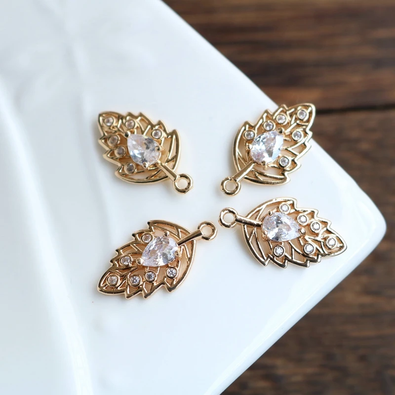 

New True Gold Plated Zircon Crystal Flower Leaf Pendant Necklace Charms DIY Earrings Findings Jewelry Making Accessory