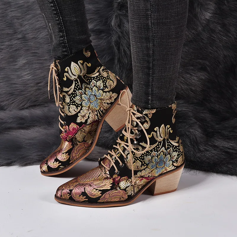 

Stylish Women Chelsea Boots Embroider Ethnic Winter Ankle Boot Lace Up Pointed Toe High Heel Shoes Warm Cowboy Botas Mujer Retro