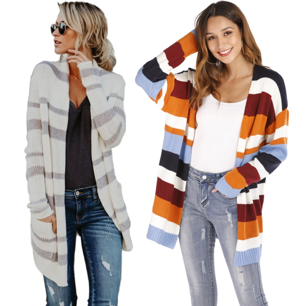 

2020 Plus Size Women Cardigan Sweaters Fashion Striped Cardigans Long Sleeve Autumn Winter Loose Casual Woman Long Sweater Coat
