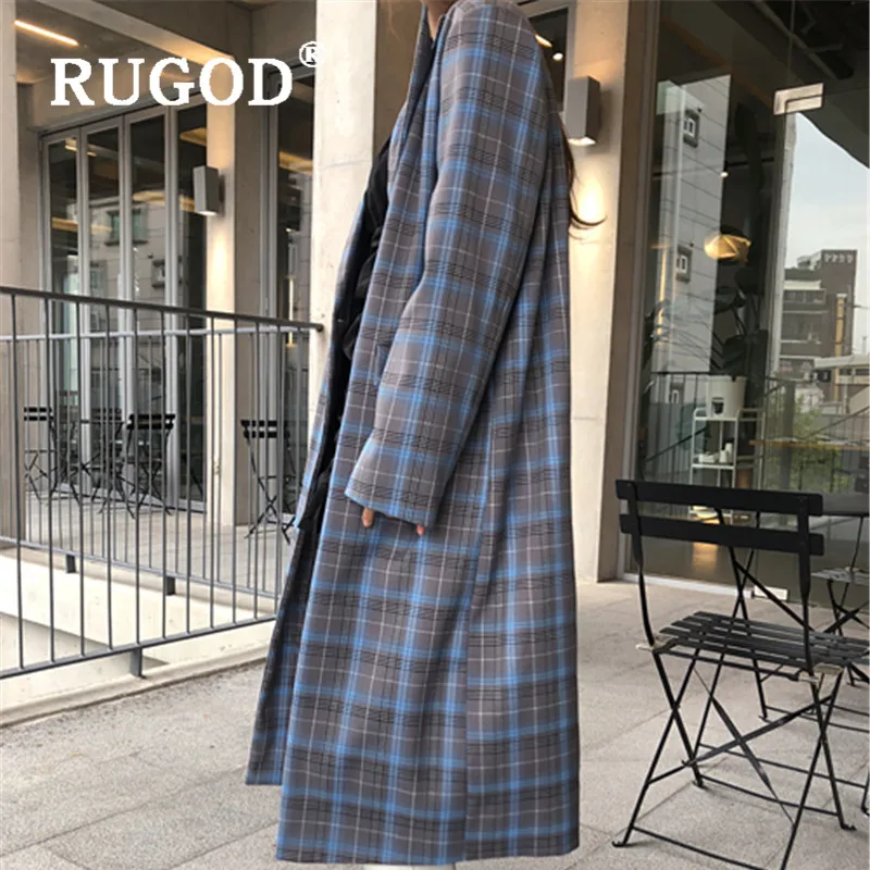RUGOD, женские длинные пальто, отложной воротник, клетчатый узор, двубортный Тренч, модное, женское, элегантное, свободное, негабаритная ткань