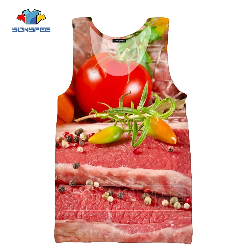 1 Жилет с мясом, летняя Новинка, мужская и женская толстовка со свининой, 3D принт, уличная одежда, майка с говядиной, без рукавов, в стиле хип-хоп, повседневный пуловер, C025-01 - Цвет: 1