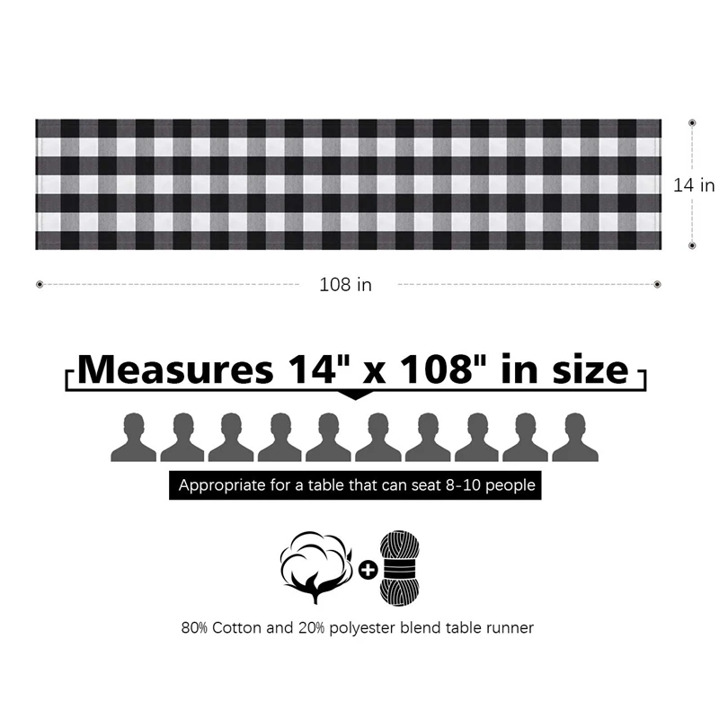 14X108 дюймов Buffalo Check настольный бегун хлопок-полиэстер смесь ручной работы черный и белый плед для семейного ужина, открытый или Ind